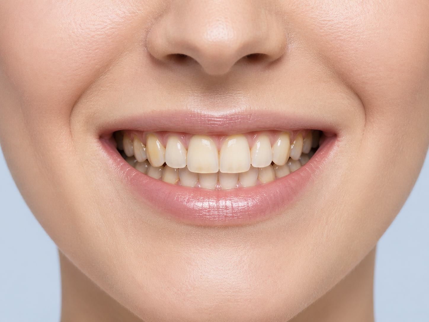 Smile before consistent dental care — slight yellowing along the upper teeth